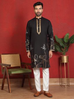 KRAFT INDIA LUXE - Cotton Silk Zari Placement Embroidered Daman Work Black Kurta with Trouser