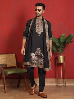 KRAFT INDIA LUXE - Cotton Silk Embroidered Black Kurta and Trouser with Dupatta