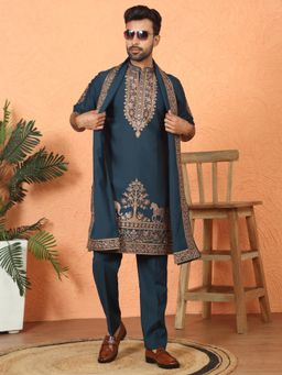 KRAFT INDIA LUXE - Cotton Silk Embroidered Navy Blue Kurta and Trouser with Dupatta