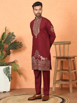 KRAFT INDIA LUXE - Cotton Silk Embroidered Maroon Kurta and Trouser with Dupatta