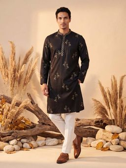 ETHNIC BAY - Mens Black Silk Blend Embroidered Kurta with Trouser (Mkset1817)