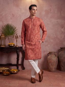 ETHNIC BAY - Mens Red Silk Blend Floral Printed Kurta with Trouser (Mkset1979)