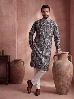 ETHNIC BAY - Mens Navy Blue Viscose Rayon Floral Printed Kurta with Trouser (Mkset1982)