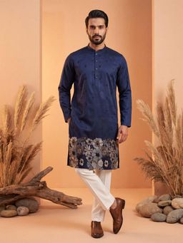 ETHNIC BAY - Mens Navy Blue Silk Blend Embroidered Kurta with Trouser (Mkset2065)