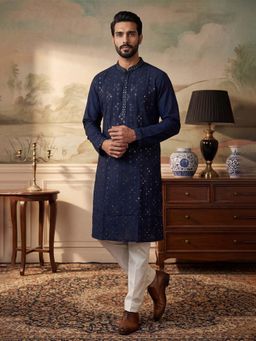 ETHNIC BAY - Mens Navy Blue Silk Blend Embroidered Kurta with Trouser (Mkset2075)