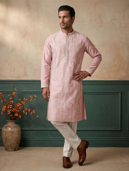ETHNIC BAY - Mens Pink Silk Blend Embroidered Kurta with Trouser (Mkset2088)