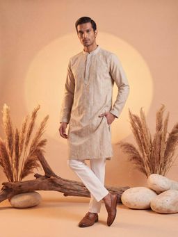 ETHNIC BAY - Mens Beige Silk Blend Embroidered Kurta with Trouser (Mkset2089)