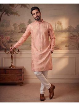 ETHNIC BAY - Mens Peach Viscose Rayon Embroidered Kurta with Trouser (Mkset2092)