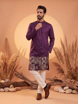 ETHNIC BAY - Mens Purple Silk Blend Embroidered Kurta with Trouser (Mkset2104)