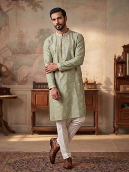 ETHNIC BAY - Mens Green Silk Blend Embroidered Kurta with Trouser (Mkset2153)