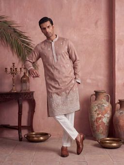 ETHNIC BAY - Mens Pink Silk Blend Embroidered Kurta with Trouser (Mkset2173)