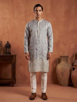 ETHNIC BAY - Mens Blue Silk Blend Embroidered Kurta with Trouser (Mkset2175)