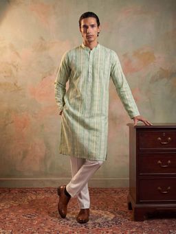 ETHNIC BAY - Mens Green Silk Blend Abstract Printed Kurta with Trouser (Mkset2251)