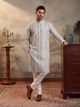 ETHNIC BAY - Mens Blue Silk Blend Abstract Printed Kurta with Trouser (Mkset2252)