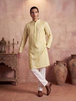 ETHNIC BAY - Mens Yellow Silk Blend Abstract Printed Kurta with Trouser (Mkset2255)