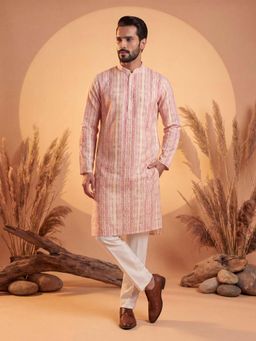 ETHNIC BAY - Mens Pink Silk Blend Abstract Printed Kurta with Trouser (Mkset2257)