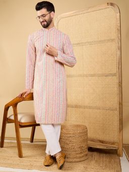 ETHNIC BAY - Mens Viscose Rayon Peach Embroidered Stripes Kurta (Mku1038)