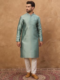 ETHNIC BAY - Mens Blue Silk Blend Woven Geometric Kurta (Mku1457)