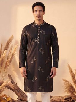 ETHNIC BAY - Mens Black Silk Blend Embroidered Kurta (Mku1817)