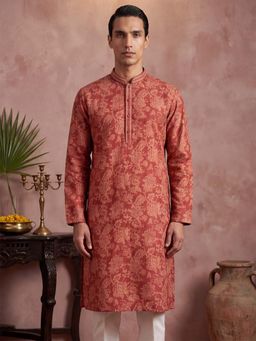 ETHNIC BAY - Mens Red Silk Blend Floral Printed Kurta (Mku1979)