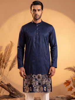 ETHNIC BAY - Mens Navy Blue Silk Blend Embroidered Kurta (Mku2065)