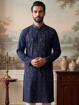 ETHNIC BAY - Mens Navy Blue Silk Blend Embroidered Kurta (Mku2075)