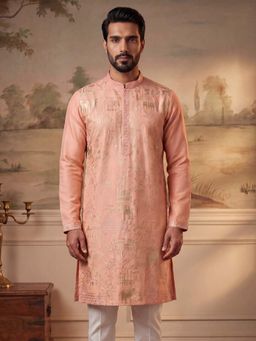 ETHNIC BAY - Mens Peach Viscose Rayon Embroidered Kurta (Mku2092)