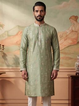 ETHNIC BAY - Mens Green Silk Blend Embroidered Kurta (Mku2153)