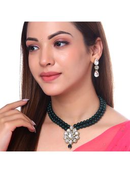 Yellow Chimes - Women Green Gold-Plated Beaded Jewellery Set