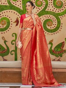 Odette - Women Silk Blend Red Woven Design Saree with Unstitched Blouse