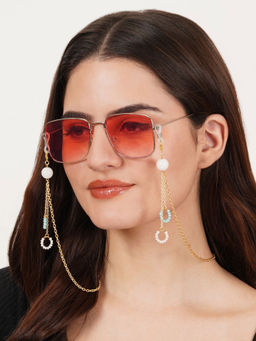 BeAbhika - Golden Chain with White & Blue Beads Ring Spectacles - Air Pods Chain