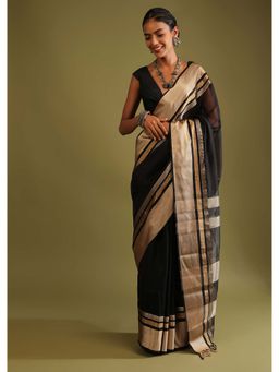 KALKI FASHION - Black Saree in Tussar Silk Woven Border with Unstitched Blouse
