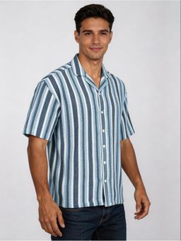 R&B - Blue Textured Men Half Sleeves Shirt