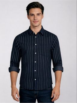R&B - Navy Blue Stripes Men Full Sleeves Shirt