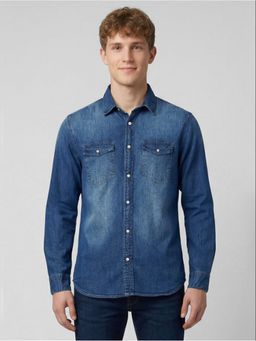 R&B - Blue Solid Men Full Sleeves Shirt