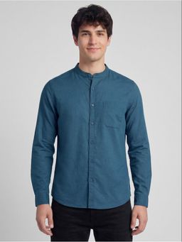 R&B - Blue Solid Men Half Sleeves Shirt