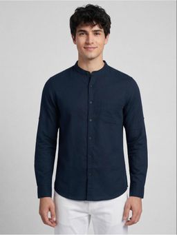 R&B - Navy Blue Solid Men Half Sleeves Shirt
