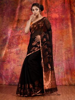 CHARUKRITI - Black Cotton Handwoven Soft Saree with Copper Zari and Unstitched Blouse
