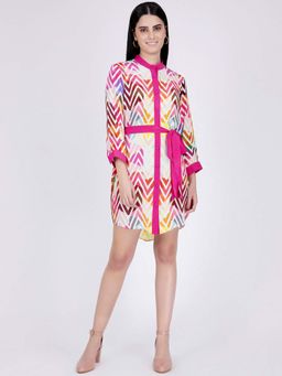 First Resort by Ramola Bachchan - Pink And White Chevron Shirt Dress (Set of 2)