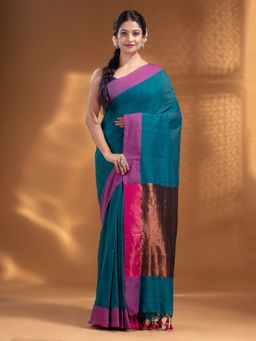 Arhi - Teal Pure Cotton Woven Design Soft Saree with Zari Pallu