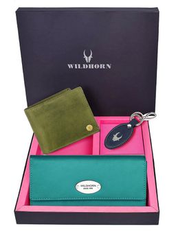 WILDHORN - Premium Leather Ladies Wallet, Mens Wallet and Keychain Gift -1K_TE_2052GNH_K (Set of 3)