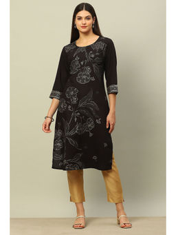 Rangriti - Black Rayon Printed Straight Kurta