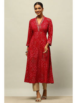 Rangriti - Red Rayon Printed A-Line Kurta