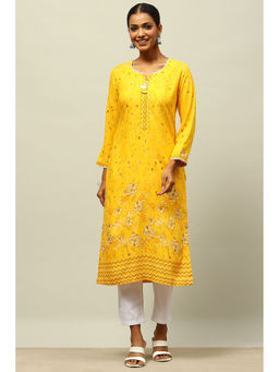 Rangriti - Yellow Rayon Printed Straight Kurta