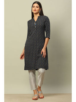 Rangriti - Blue Viscose Blend Printed Straight Kurta