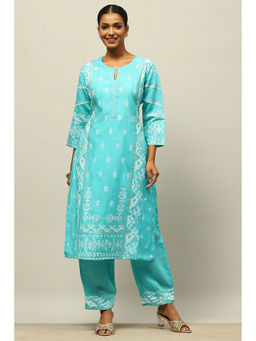 Rangriti - Blue Viscose Blend Printed Straight Kurta