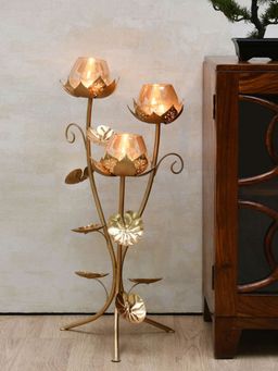 At Home by Nilkamal - Metal Lotus Floor Candle Stand (Gold)