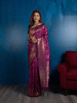 Beatitude - Purple Floral Silk Blend Banarasi Saree with Unstitched Blouse