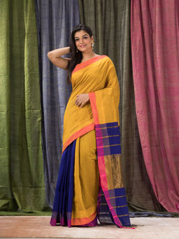Angoshobha - Mustard & Blue Cotton Blended Handloom Saree with Unstitched Blouse
