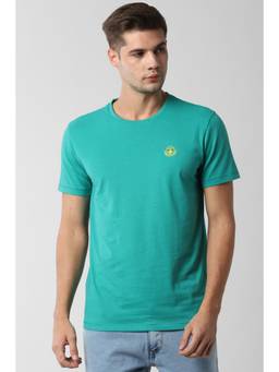 Peter England - Mens Green Solid Round Crew Neck T-Shirt